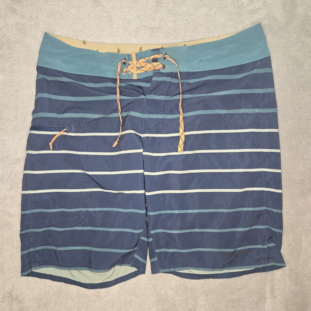 Patagonia Mens 31 Board Shorts Navy Blue Teal Striped Swim Trunks